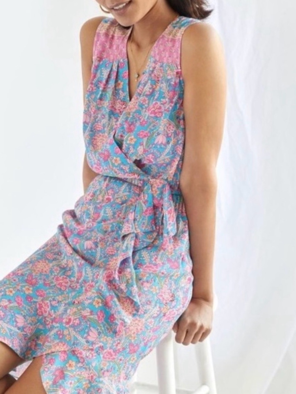 Anthropologie Floral Wrap Dress in Blue and Pink